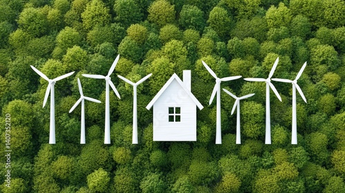 Obraz na płótnie White House in Green Forest with Silhouettes of Wind Turbines Showcasing Renewable Energy w salonie