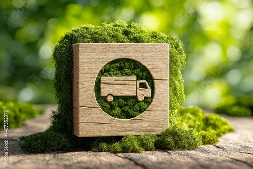 Wooden Block with Symbol Representing Electric Delivery Truck Surrounded by Greenery and Moss