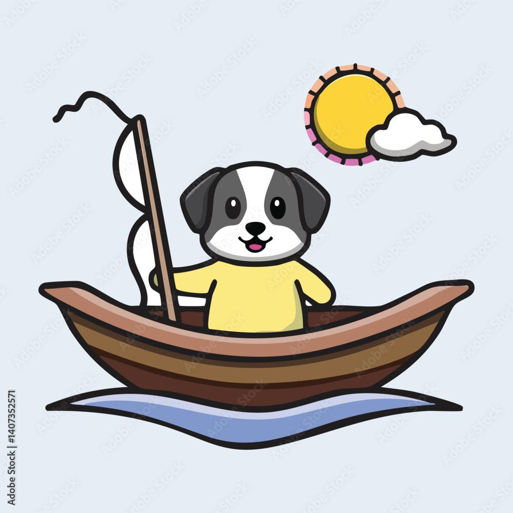 Fototapeta premium Cartoon Dog Fishing on a Lake, Sitting in Boat, Peaceful Scenery