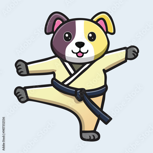 Cartoon Puppy Doing Karate Kick, Wearing Martial Arts Uniform, Dojo Setting
