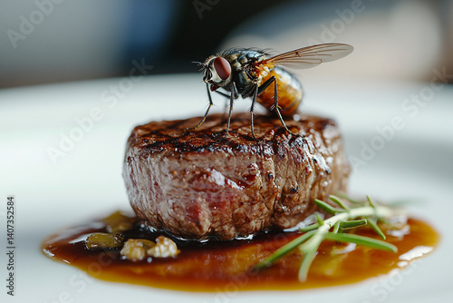 Fly sits on a cooked steak with sauce on a white plate