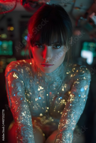 Cyberpunk Portrait: A captivating portrait of a person, infused with cyberpunk aesthetics, featuring a futuristic bodysuit adorned with intricate, glowing patterns, and a determined gaze.