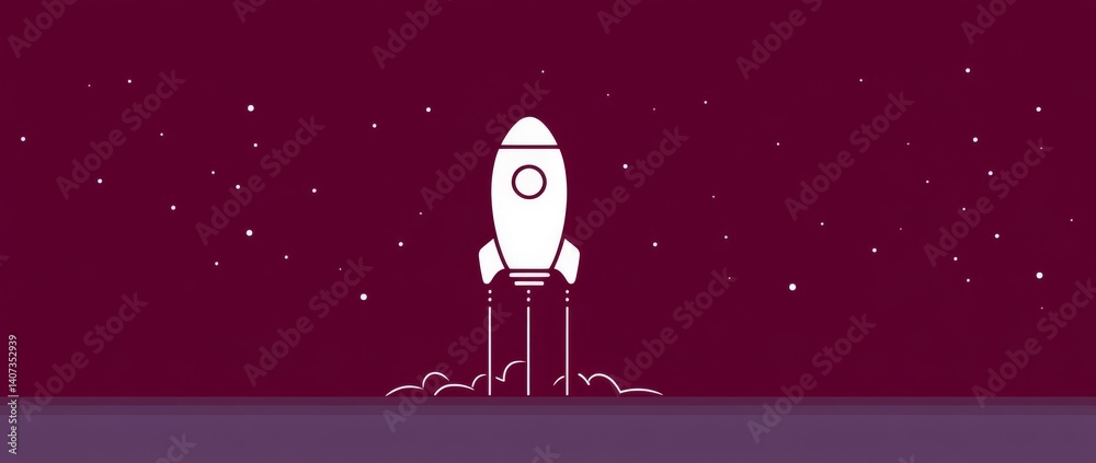 Cute Cartoon Vector Drawing of a Rocket in Space with Purple Background and Starry Night