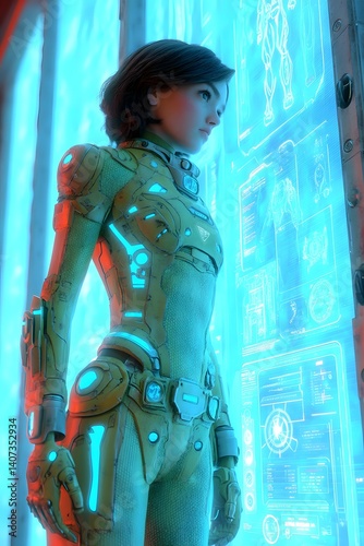 A Vision of Technological Advancement: A futuristic portrayal of a woman in a cutting-edge suit, gazing at holographic interfaces. This artful image speaks of progress, innovation.