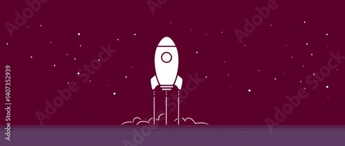 Obraz na płótnie Cute Cartoon Vector Drawing of a Rocket in Space with Purple Background and Starry Night w salonie