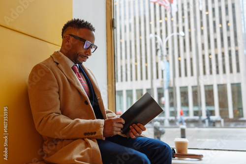 Canvas Print Man reading by window in New York City