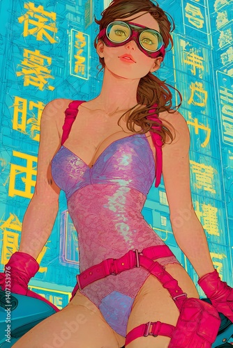 Cyberpunk Beauty: A stunning woman, adorned in stylish attire and aviator goggles, exudes a futuristic charm in a neon-lit cityscape, captivating viewers with her bold and daring persona.