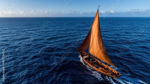 Classic sailboat sailing open ocean, serene vista photo