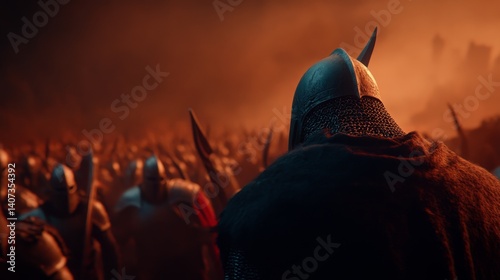 Warriors prepare for battle in a dramatic landscape filled with fire and shadows during a twilight confrontation