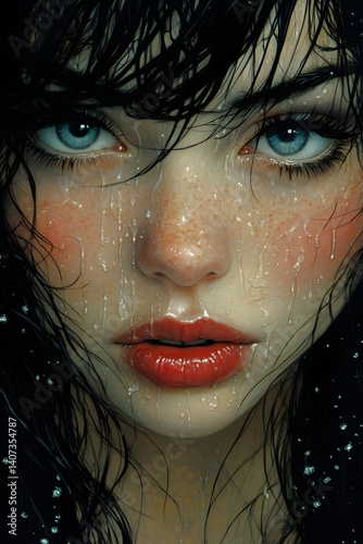 Water-Kissed Eyes: A captivating portrait of a young woman with captivating blue eyes, her face adorned with raindrops,  her dark hair framing her face. Her intense gaze exudes mystery and allure.
