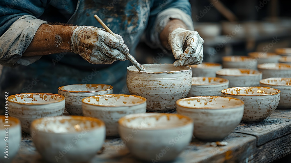 Craftsman painting ceramic bowls in workshop Craftsman painting ceramic bowls in workshop