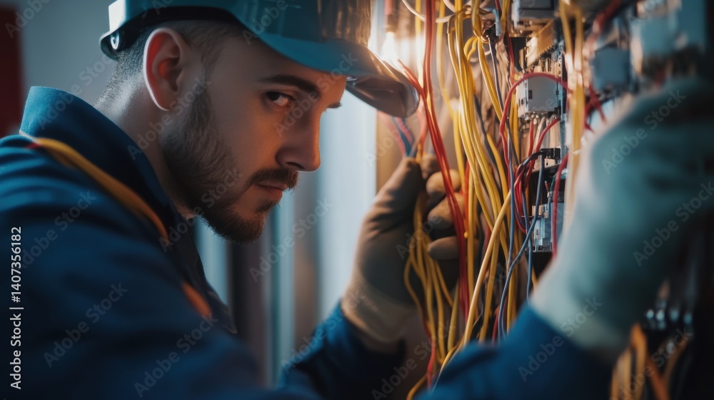 Fototapeta premium Electrician working on wiring inside a building. Featuring technical skill and attention to detail