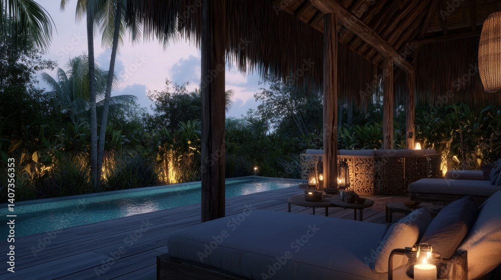 Fototapeta premium Tropical Pool Deck at Dusk; Relaxation; Resort; Evening View