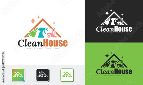 CleanHouse Logo Design with Cleaning Tools and Details, Logo Design vector template for Branding
