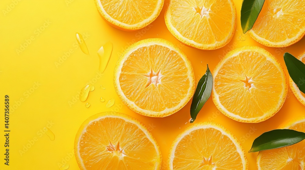 Obraz premium Fresh juicy orange slices on yellow background vibrant citrus fruit summer food ripe diet color vegan