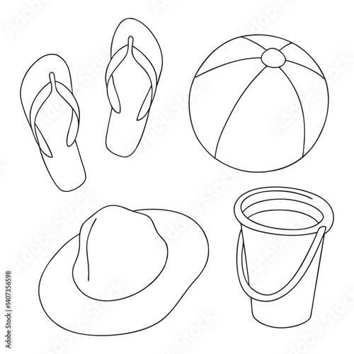 Outline of Beach Essentials: Flip-flops, Ball, Hat, and Bucket Vector