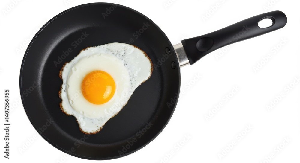 Fried egg with a bright yellow yolk in a black frying pan Fried egg with a bright yellow yolk in a black frying pan