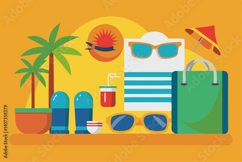  Minimalist vector of beachside vacation essentials – sunglasses, towel, sandals
