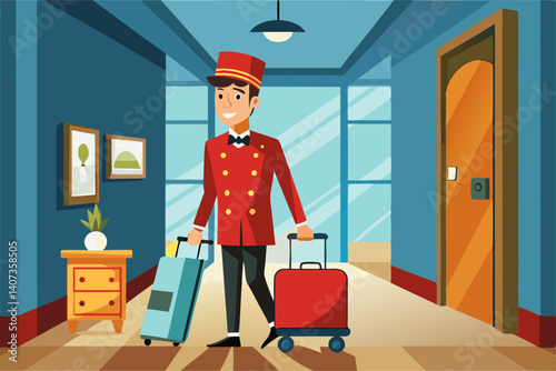Vector image of a bellhop carrying luggage to a hotel room