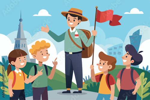 Vector artwork of a tour guide leading a group of tourists with a flag in hand