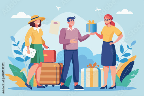 Flat design vector of a travel agent showing holiday packages to a couple