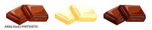 Set of sweet chocolate pieces in cartoon style. Vector illustration of delicious two pieces of milk, white, dark chocolate isolated on white background. Dessert. Confectionery.