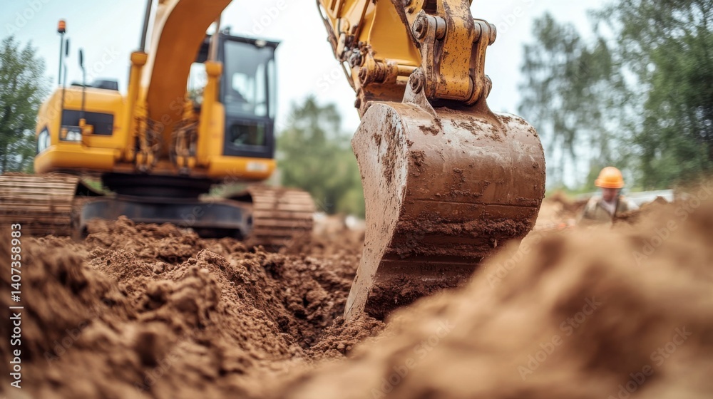 Fototapeta premium Excavator operator digging a trench for utility lines at a construction site. Featuring skill and focus