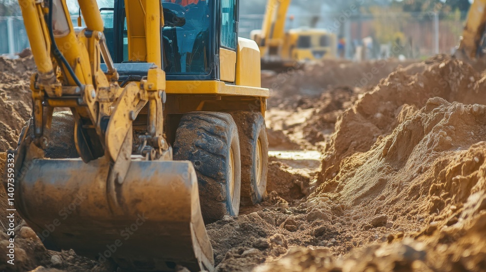 Construction laborer operating a backhoe at a construction site. Featuring expertise and focus Construction laborer operating a backhoe at a construction site. Featuring expertise and focus