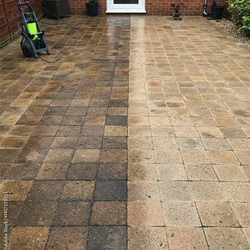 old stone pavement before and after pressure washing 