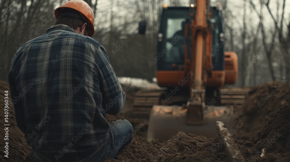 Construction laborer operating a backhoe for excavation. Featuring strength and control Construction laborer operating a backhoe for excavation. Featuring strength and control