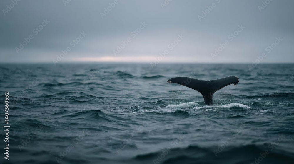 Naklejka premium Majestic whale tail disappearing into deep blue ocean during sunset