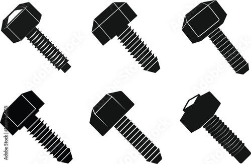 Hex Bolt Silhouette Assortment Isolated On White Background Industrial Fasteners Technical Drawing Set For Engineering And Construction Mechanical Elements Vector Illustration Collection