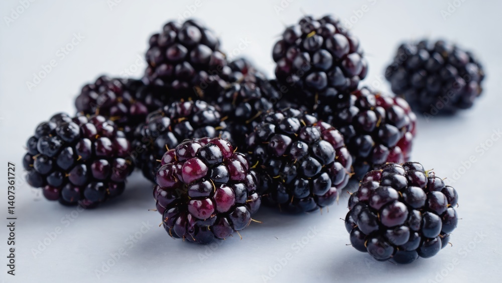 A bunch of black berries are on a white surface. The berries are ripe and ready to eat A bunch of black berries are on a white surface. The berries are ripe and ready to eat
