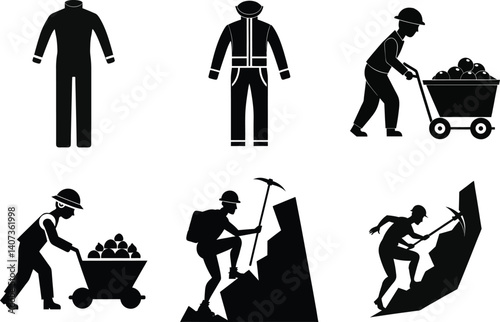 Silhouette Illustrations Of Miners And Protective Clothing Coal Mining Industry And Mine Workers Garments Miners Pushing Carts Up Rock With Pickaxes