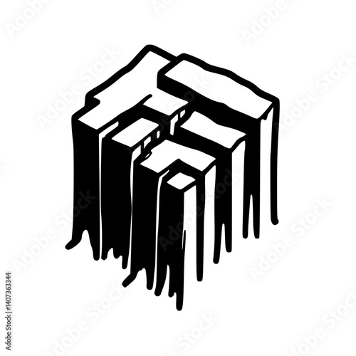 Black and White Cubist Architecture Illustration, Drip Effect, Vector