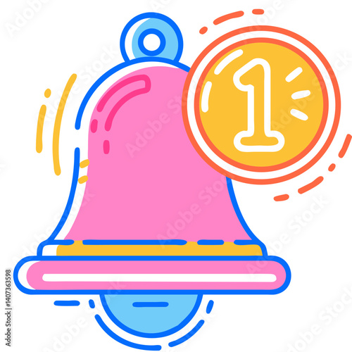 Transparent child icon for a mobile game or app: Colorful notification bell icon with number one  