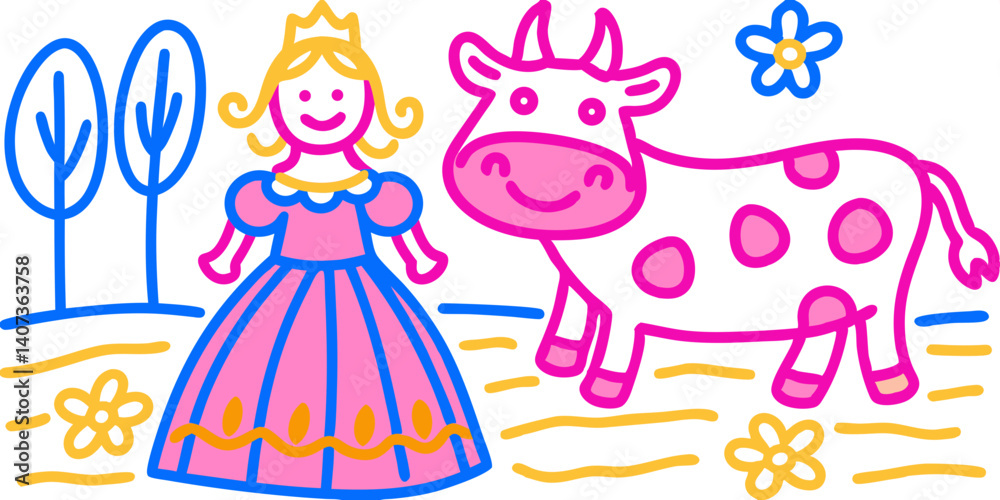 Obraz premium Transparent child icon for a mobile game featuring a princess and a cow 