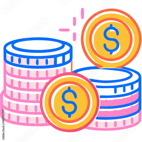 Transparent child icon for a mobile game, colorful money coins illustration  