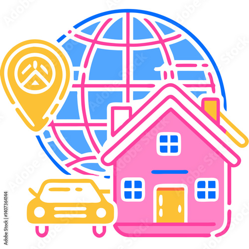 Transparent child icon for a mobile game depicting house and car  