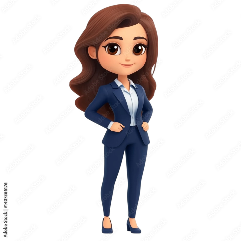Confident businesswoman cartoon character in a stylish suit standing with hands on hips Confident businesswoman cartoon character in a stylish suit standing with hands on hips