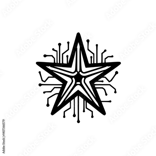Tech Star Logo: Circuitry Design with Star Shape, Black & White.