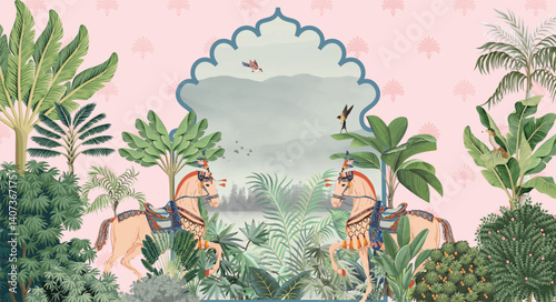 Mughal Arch Palace Peacock Garden Mountain Stock Illustration.