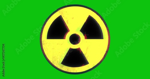Radiation symbol, dirty, damaged sign on a green background