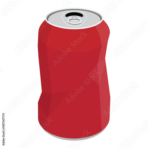 Crushed soda tin can isolated on white background. Red broken aluminum beer can, trash