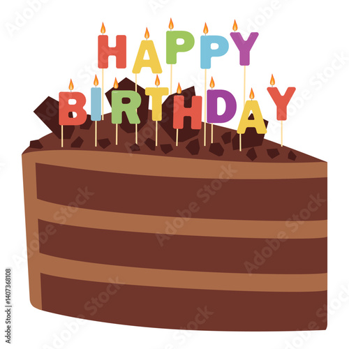Piece of birthday chocolate cake with happy birthday candles