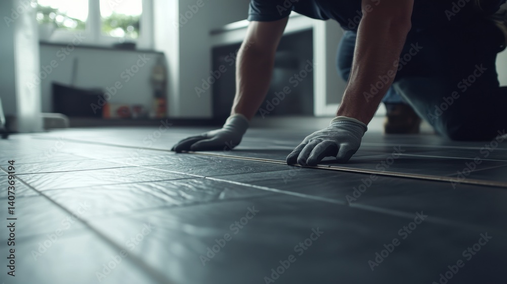 Flooring installer laying tile flooring in a kitchen. Featuring precision and detail Flooring installer laying tile flooring in a kitchen. Featuring precision and detail