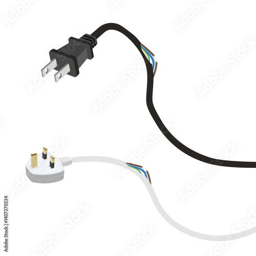 Dangerous broken power electrical cable with plug
