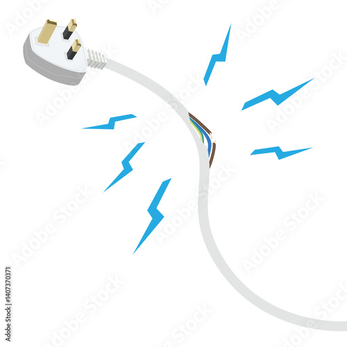 Dangerous broken power electrical cable with plug