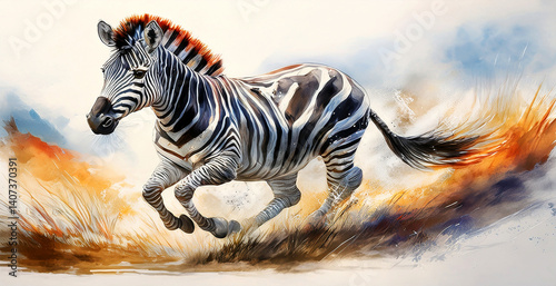 Extreme close-up. Illustration of galloping zebra in watercolor style in an African landscape, on white background with copy space. Side view. Generative Ai.