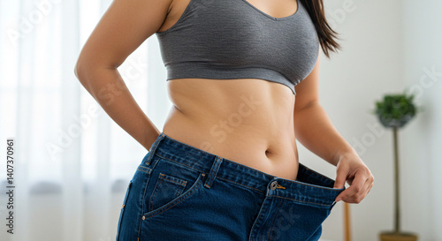 Woman s weight loss success story loose jeans healthy lifestyle choice bright interior soft light